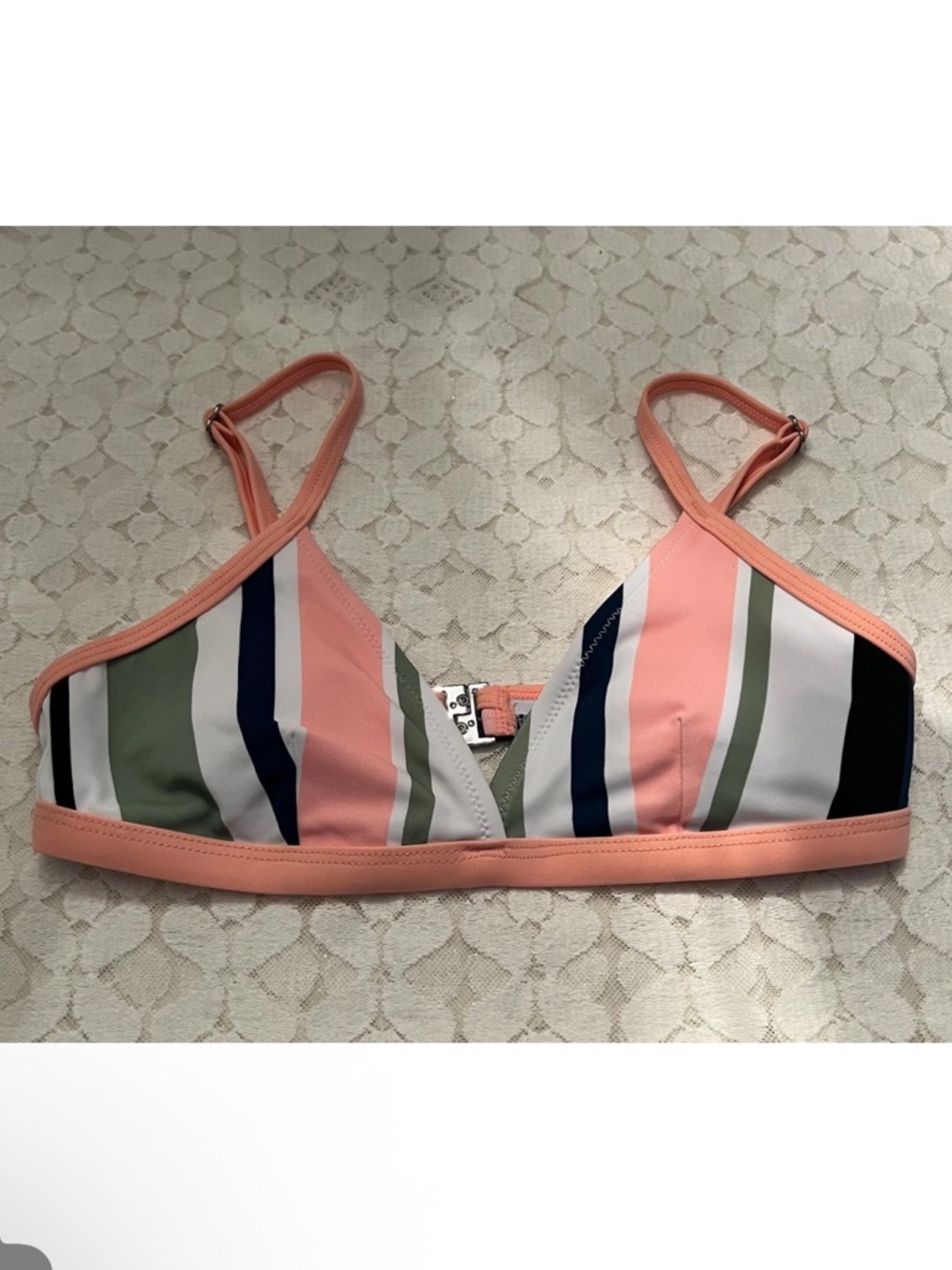 Cupshe Bikini Too Size XS Peach Trim Striped Triangle Bralette Adjust Straps NEW